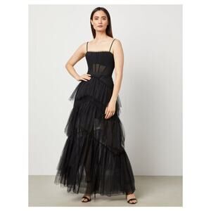 BCBGMAXAZRIA Embellished Tulle Gown Black Corset Gala Ruffled A-Line Size 6